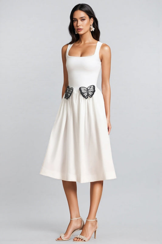 Jiusi Square Collar Halter Butterfly Midi Dress