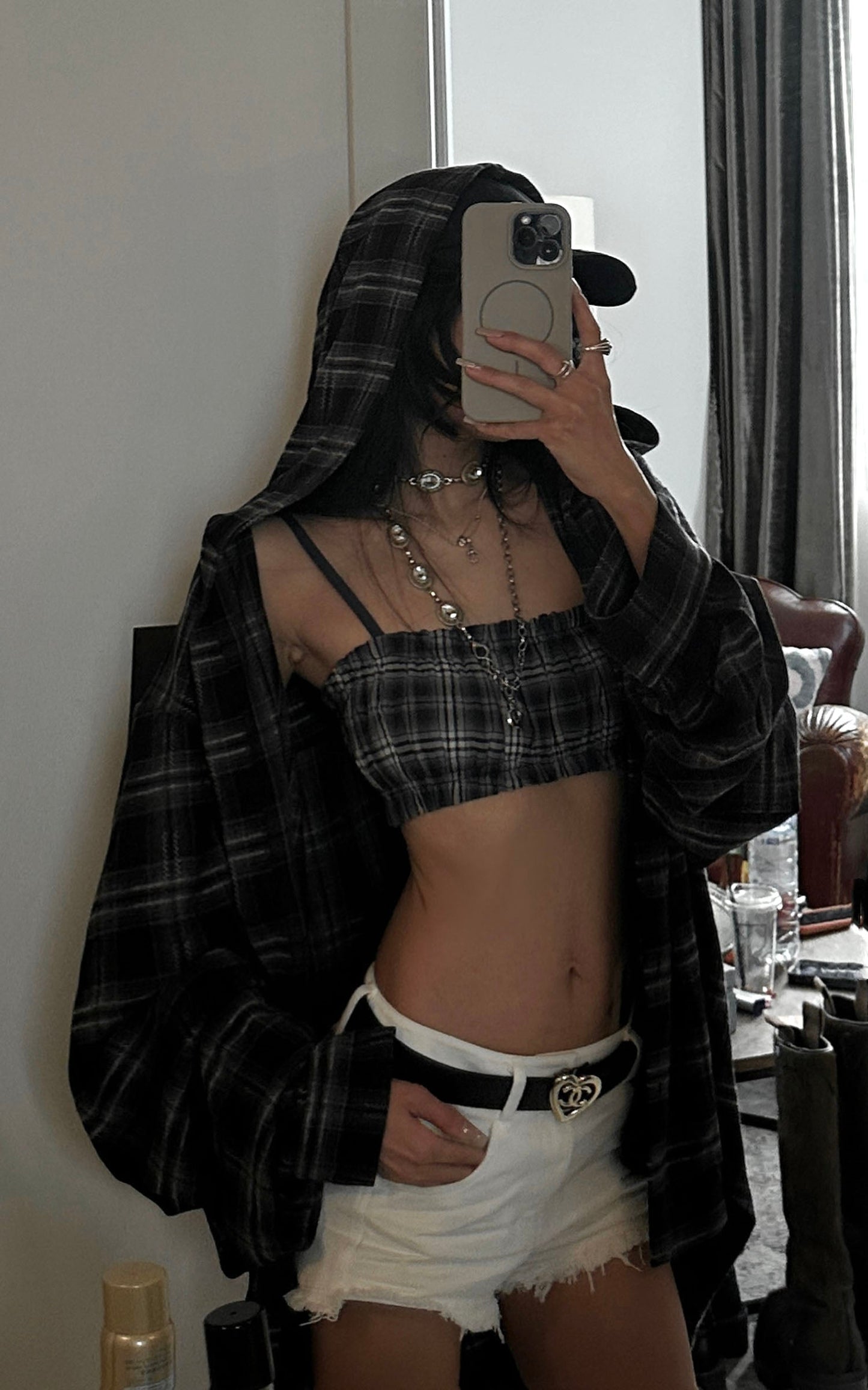 Plaid Hooded Shirt Jacket with Matching Plaid Tube Top Set
