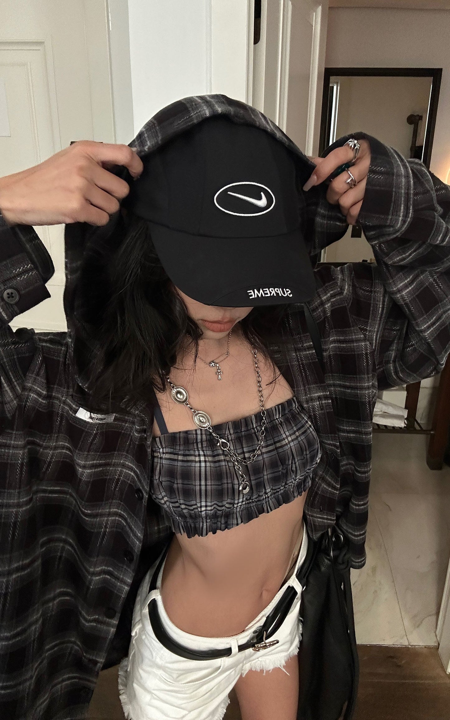 Plaid Strapless Crop Top with Ruched Elastic Detail
