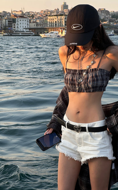 Plaid Strapless Crop Top with Ruched Elastic Detail