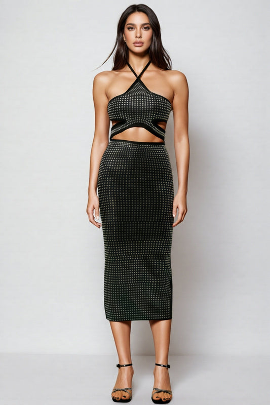 Joraty Diamond Hollow Out Bandage Midi Dress