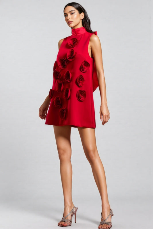 Tamarah Sleeveless High Collar Flowers Mini Dress