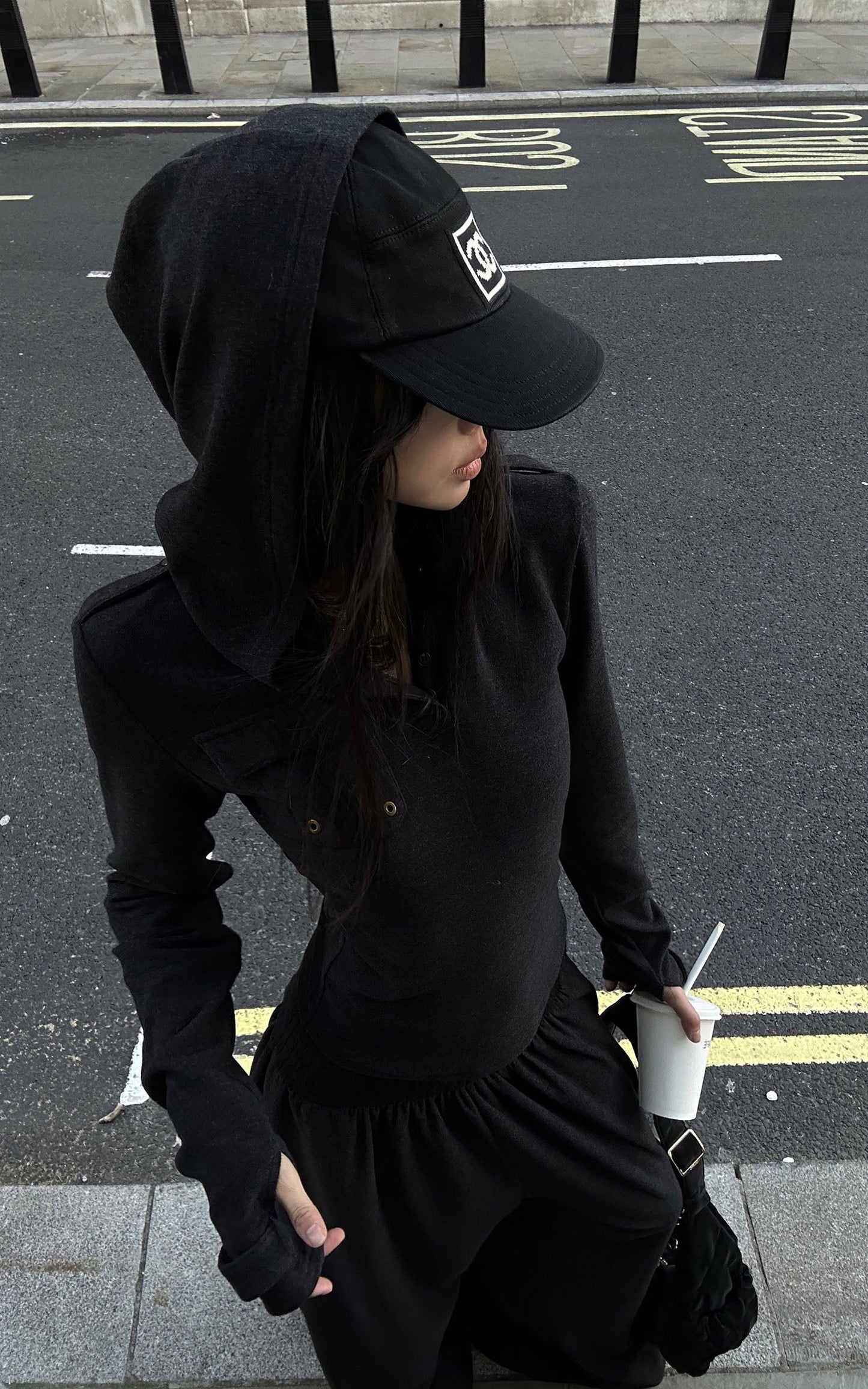 Slim Fit Hooded Long Sleeve Top with Pocket and Metal Eyelet Detail