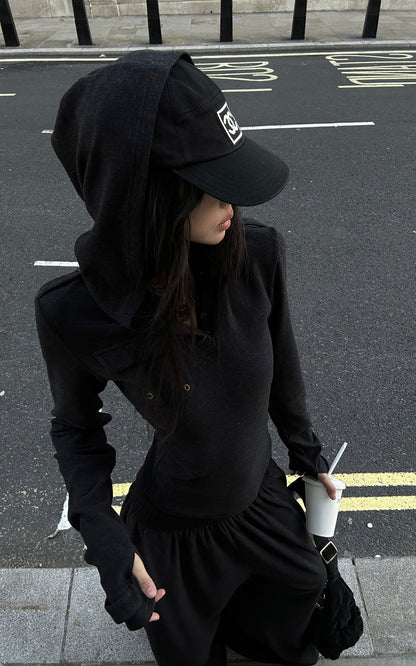 Slim Fit Hooded Long Sleeve Top with Pocket and Metal Eyelet Detail