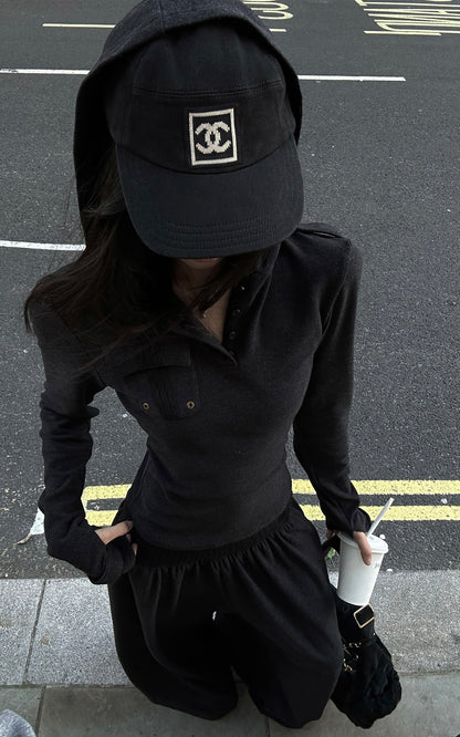 Slim Fit Hooded Long Sleeve Top with Pocket and Metal Eyelet Detail