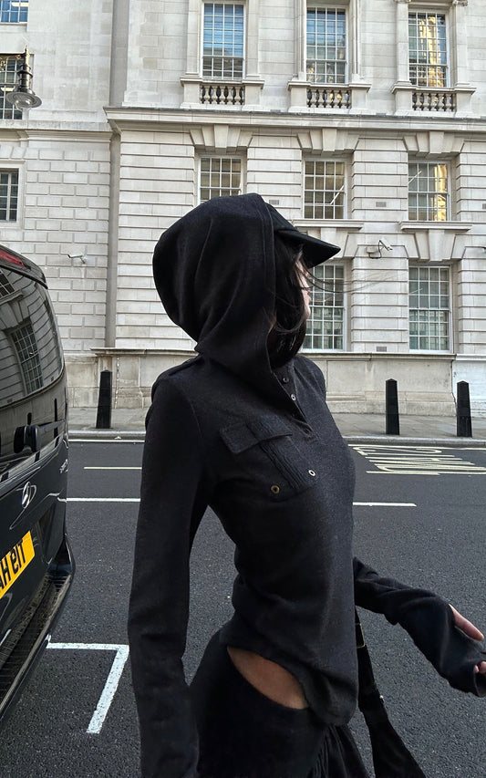 Slim Fit Hooded Long Sleeve Top with Pocket and Metal Eyelet Detail
