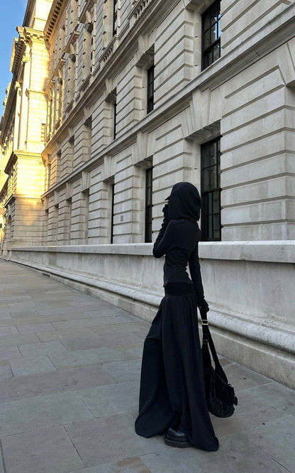 Slim Fit Hooded Long Sleeve Top with Pocket and Metal Eyelet Detail