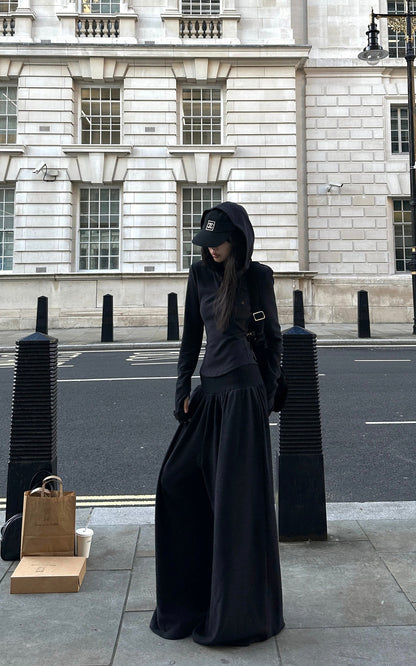 Slim Fit Hooded Long Sleeve Top with Pocket and Metal Eyelet Detail