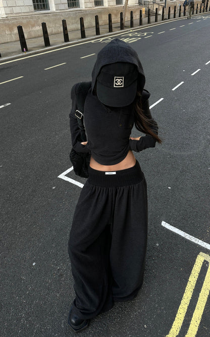 Slim Fit Hooded Long Sleeve Top with Pocket and Metal Eyelet Detail