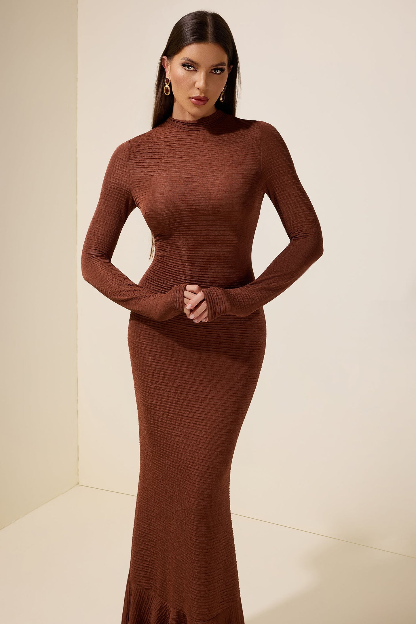 Crumpled Ruffle Long Sleeve Maxi Dress