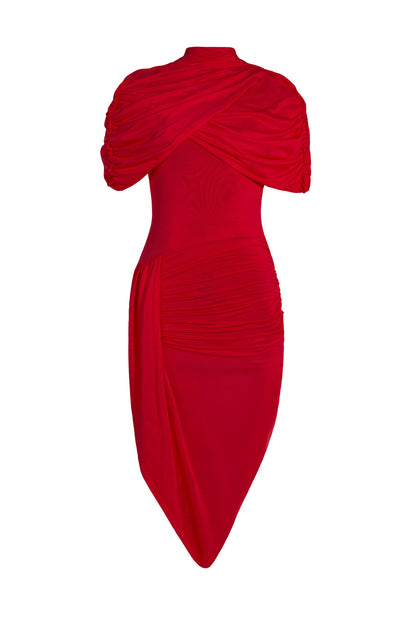 Asymmetric Twisted Cape Midi Dress