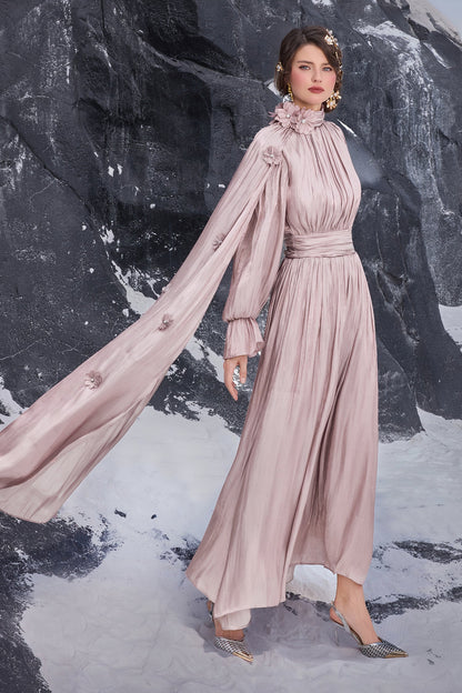 3D Flower Gathering Cape Maxi Dress
