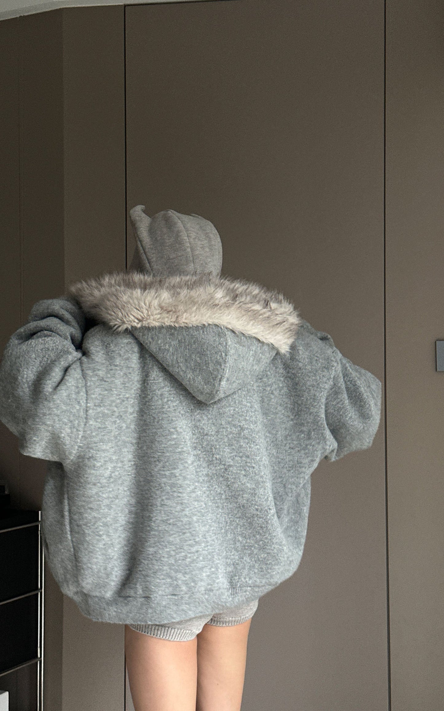 Furry Hood Jacket & Knit Hood Hat Set with Slim Top and Drawstring Shorts