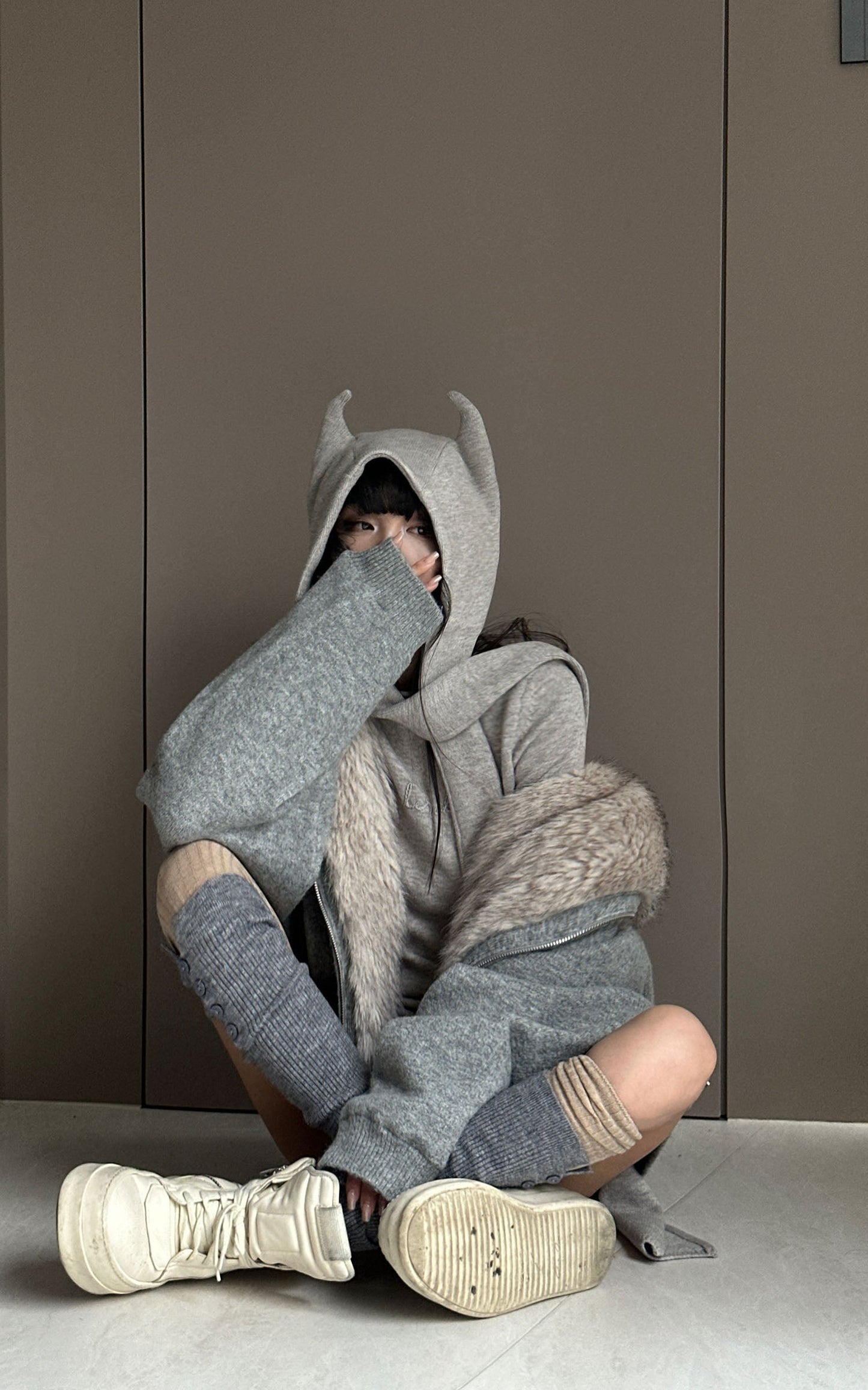 Furry Hood Jacket & Knit Hood Hat Set with Slim Top and Drawstring Shorts