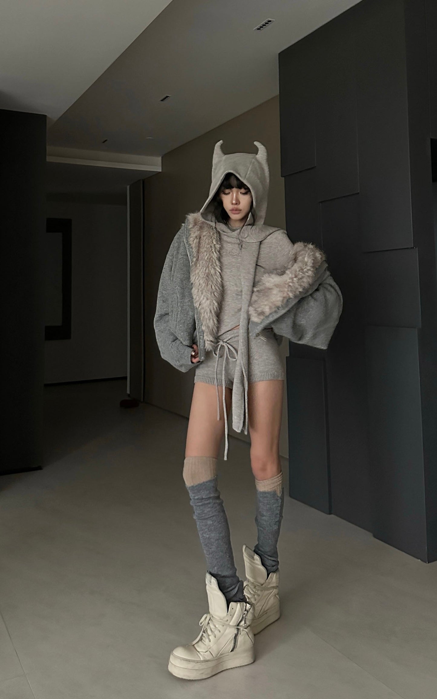 Furry Hood Jacket & Knit Hood Hat Set with Slim Top and Drawstring Shorts