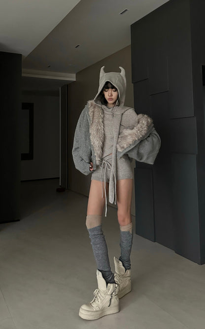 Furry Hood Jacket & Knit Hood Hat Set with Slim Top and Drawstring Shorts