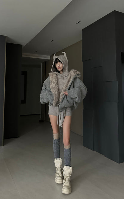 Furry Hood Jacket & Knit Hood Hat Set with Slim Top and Drawstring Shorts