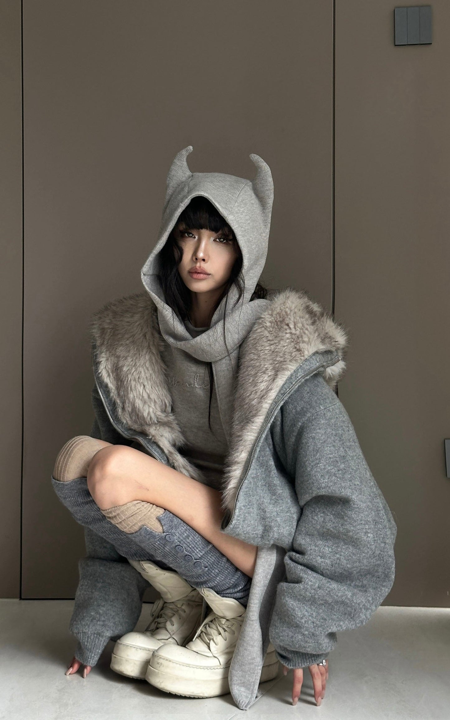 Furry Hood Jacket & Knit Hood Hat Set with Slim Top and Drawstring Shorts