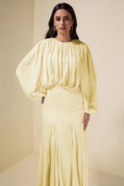 Gathering Round Neck Lantern Sleeve Maxi Dress
