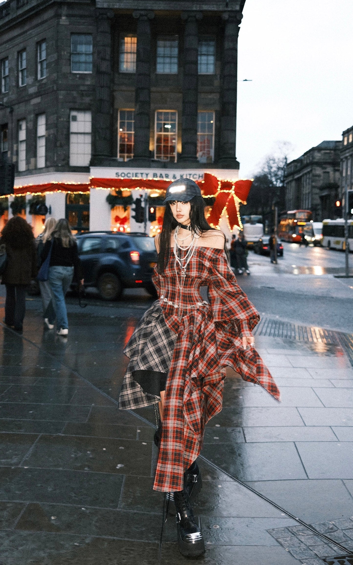 Asymmetric Plaid Off-Shoulder Dress with Draped Panels