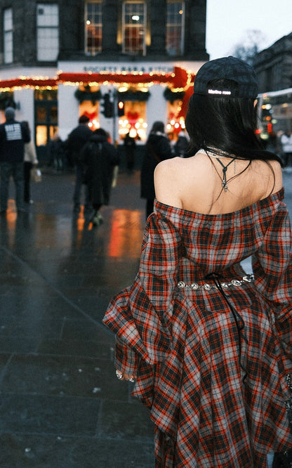 Asymmetric Plaid Off-Shoulder Dress with Draped Panels