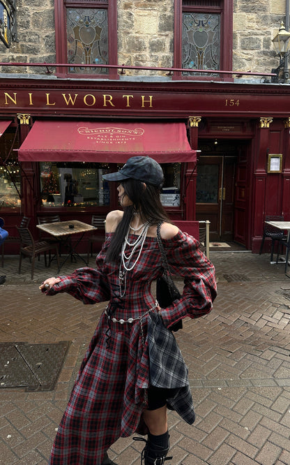 Asymmetric Plaid Off-Shoulder Dress with Draped Panels