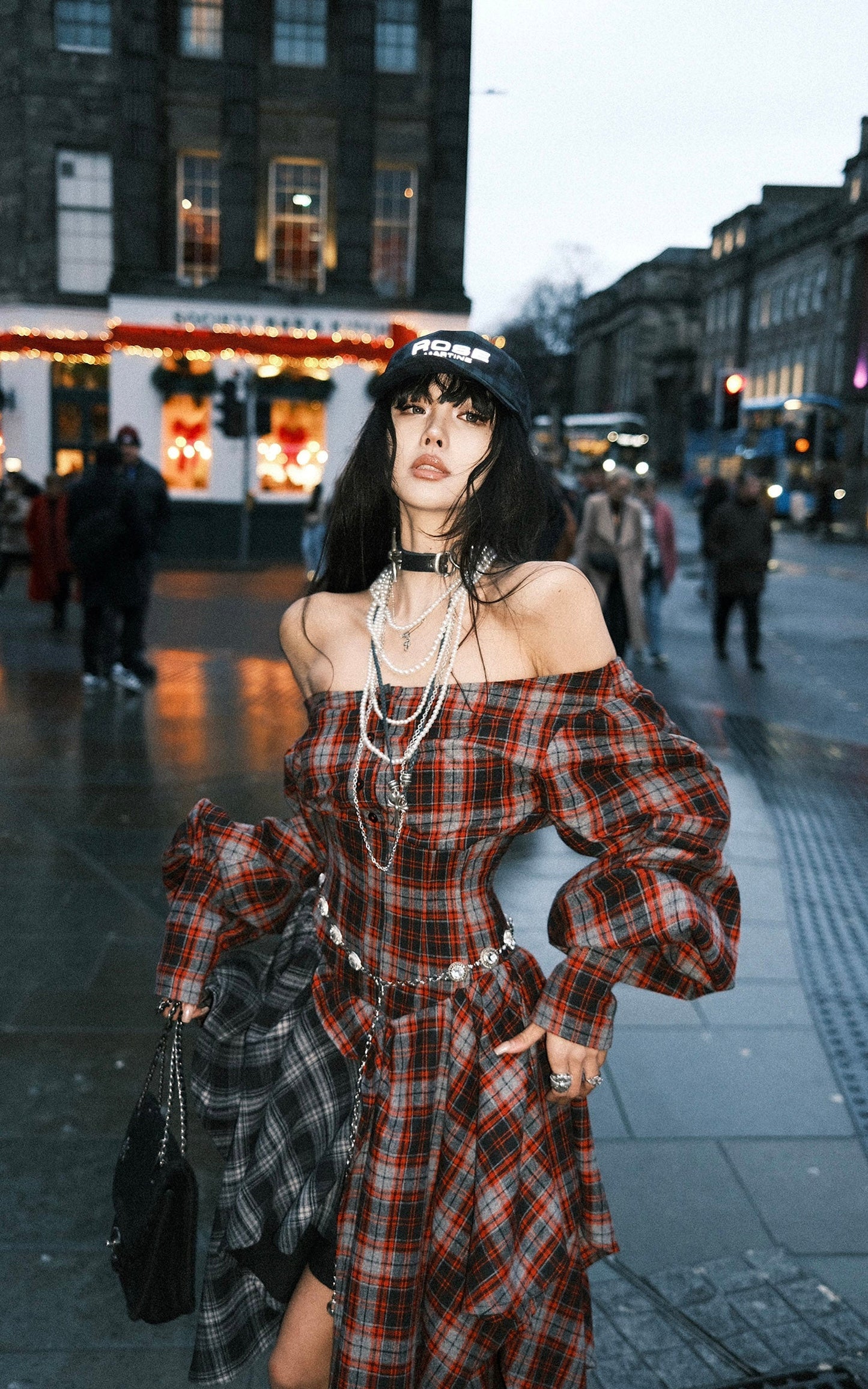 Asymmetric Plaid Off-Shoulder Dress with Draped Panels