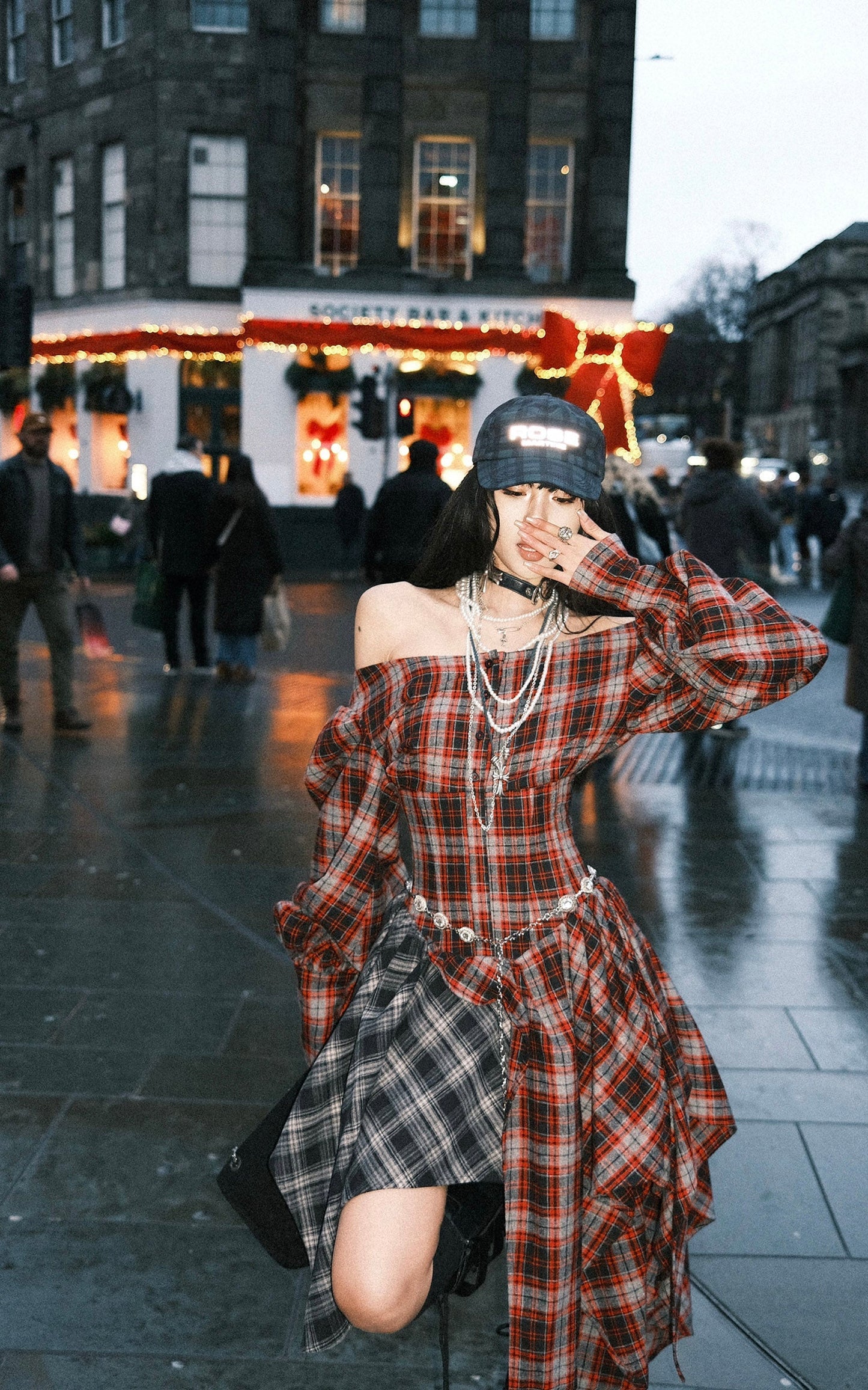 Asymmetric Plaid Off-Shoulder Dress with Draped Panels