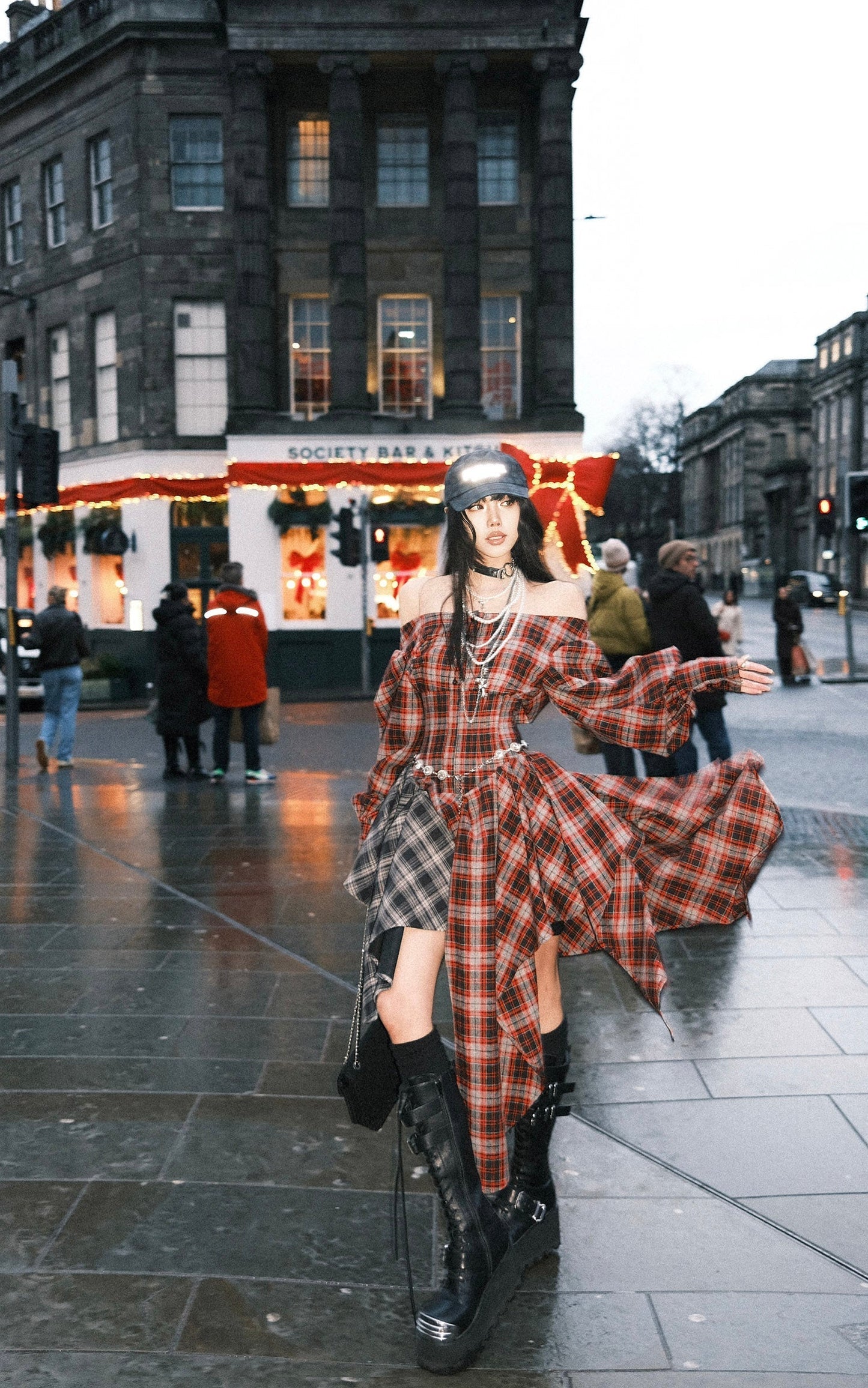 Asymmetric Plaid Off-Shoulder Dress with Draped Panels