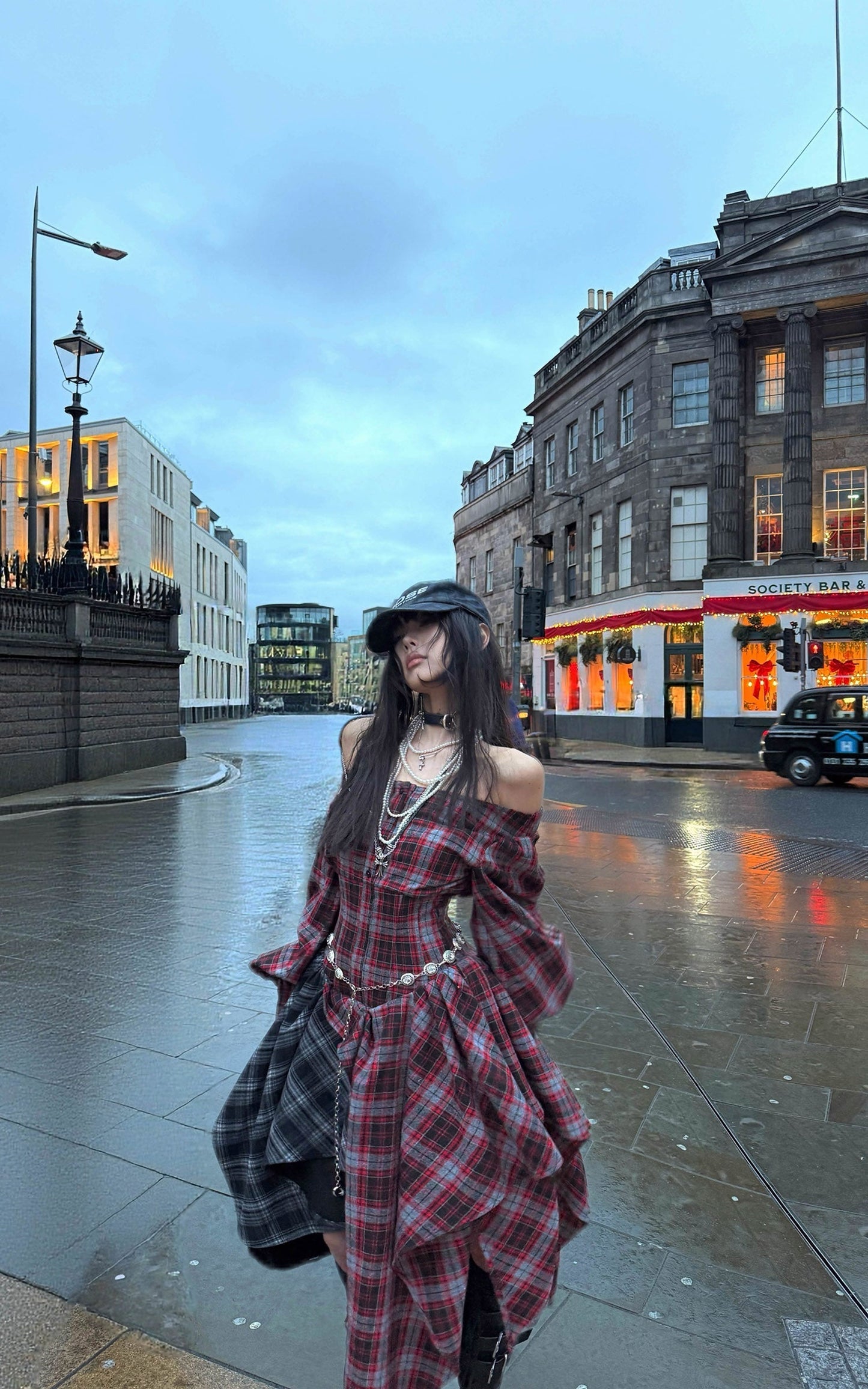 Asymmetric Plaid Off-Shoulder Dress with Draped Panels