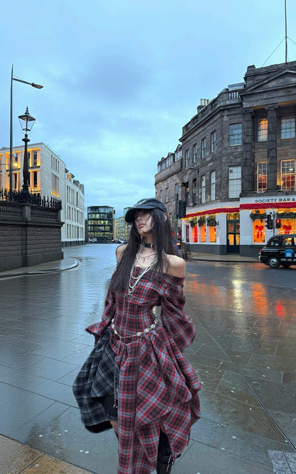 Asymmetric Plaid Off-Shoulder Dress with Draped Panels