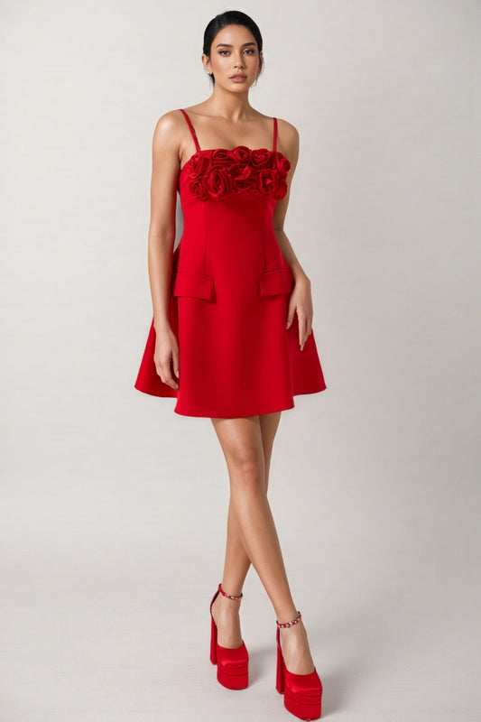 Thisbe 3D Flower Solid Square Neck Mini Dress
