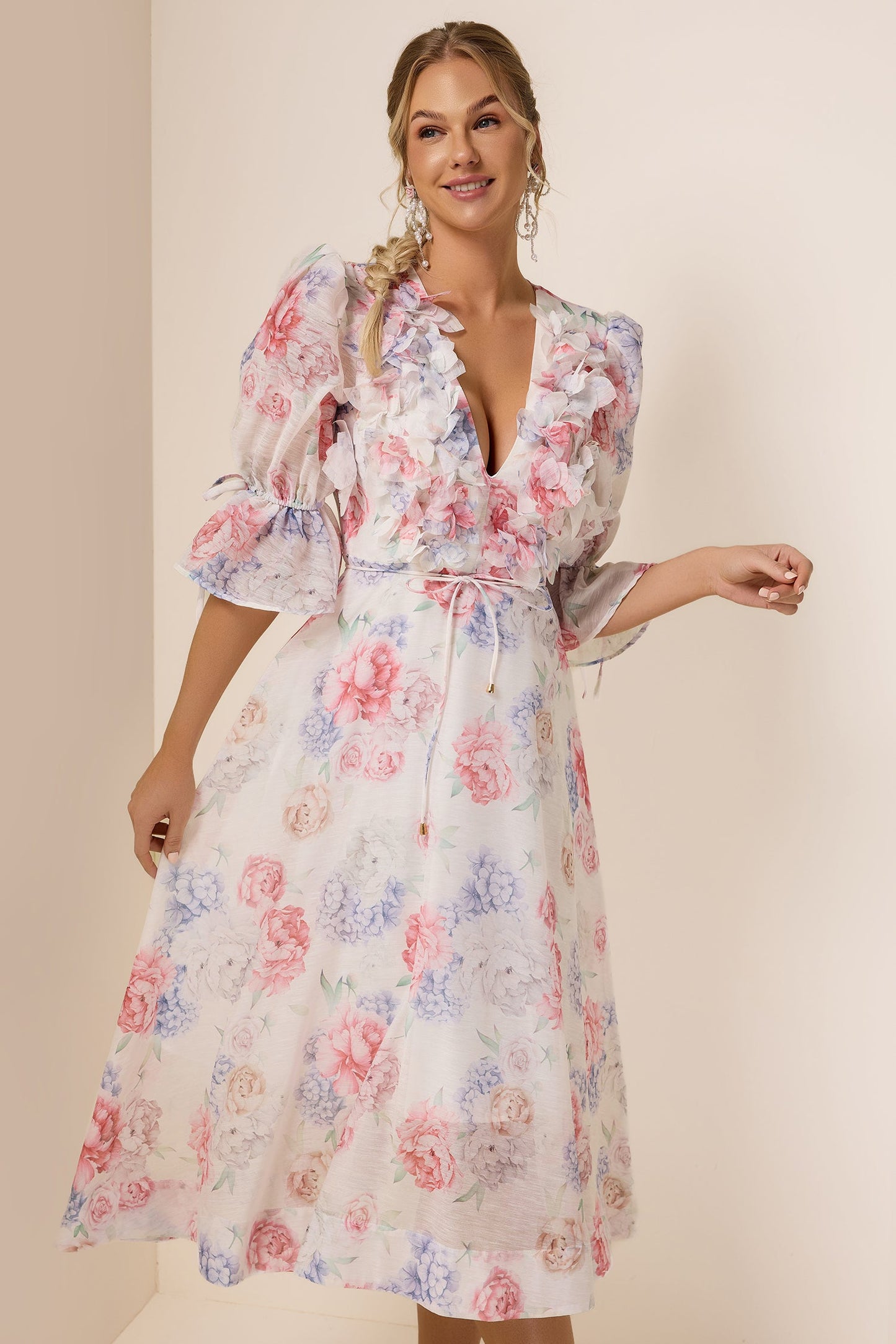 3D Flower Floral Lantern Sleeve Midi Dress