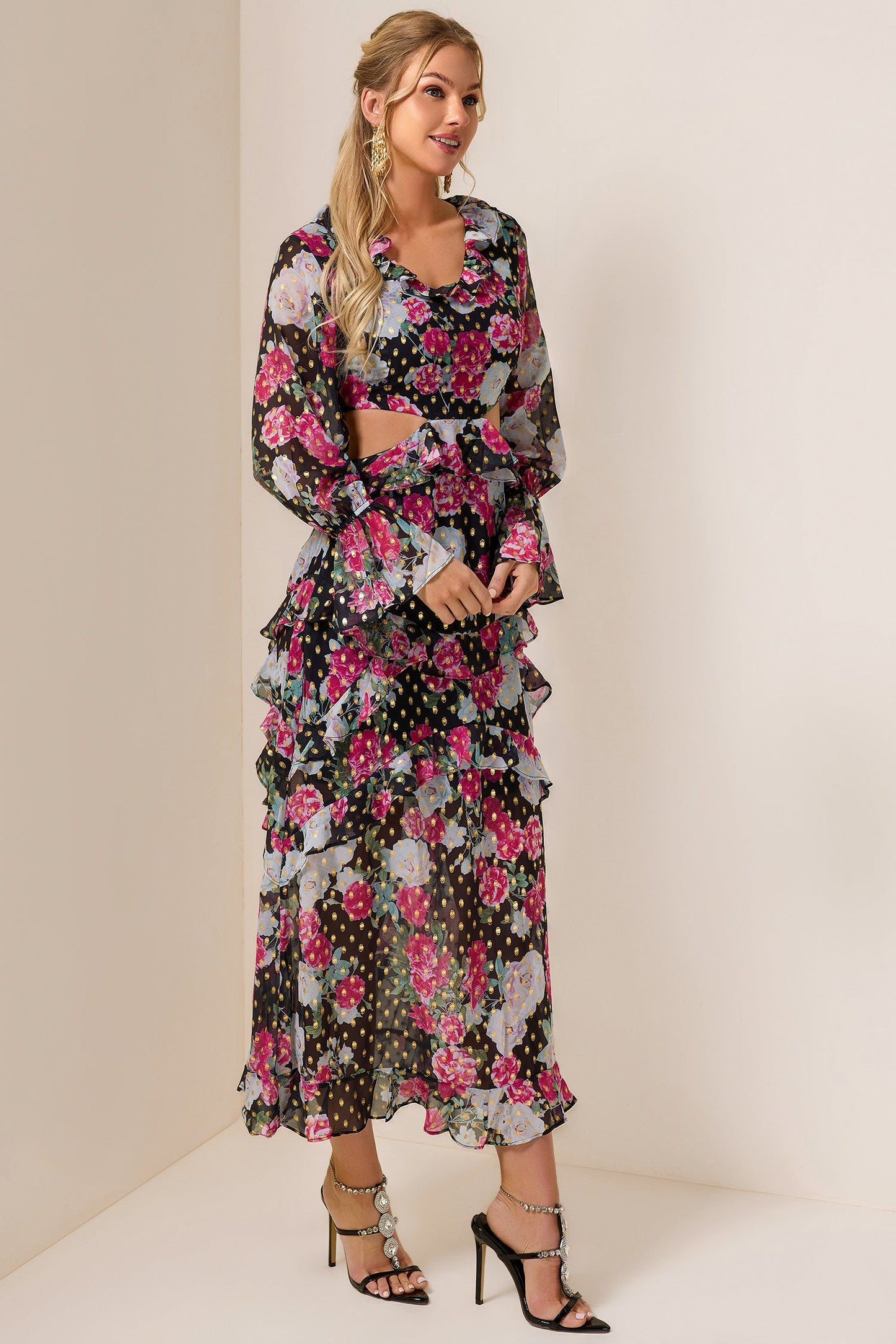 Floral Gold Foil Stamping Frill Midi Dress