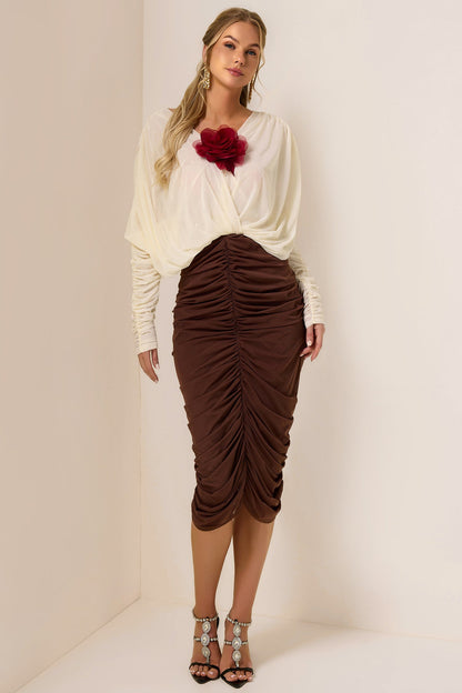 3D Flower Shirring V-Neck Midi Dress