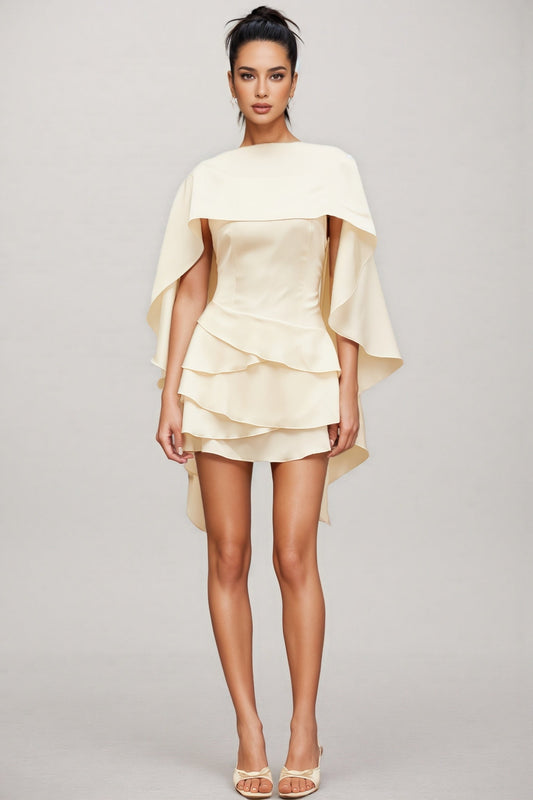 Lyssty White Shawl Panel Ruffled Satin Mini Dress