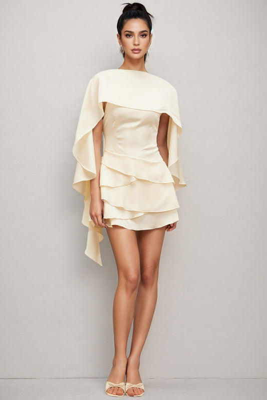 Lyssty White Shawl Panel Ruffled Satin Mini Dress