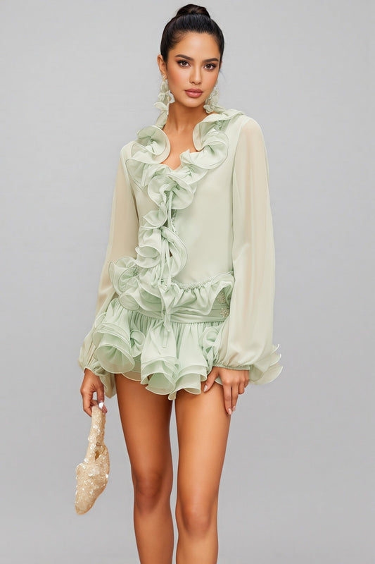 Salamo Ruffle Floral Trim Cardigan Mini Dress Set