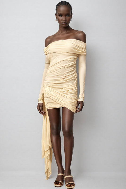 Sarayi White Ribbon Design Ruched Mini Dress
