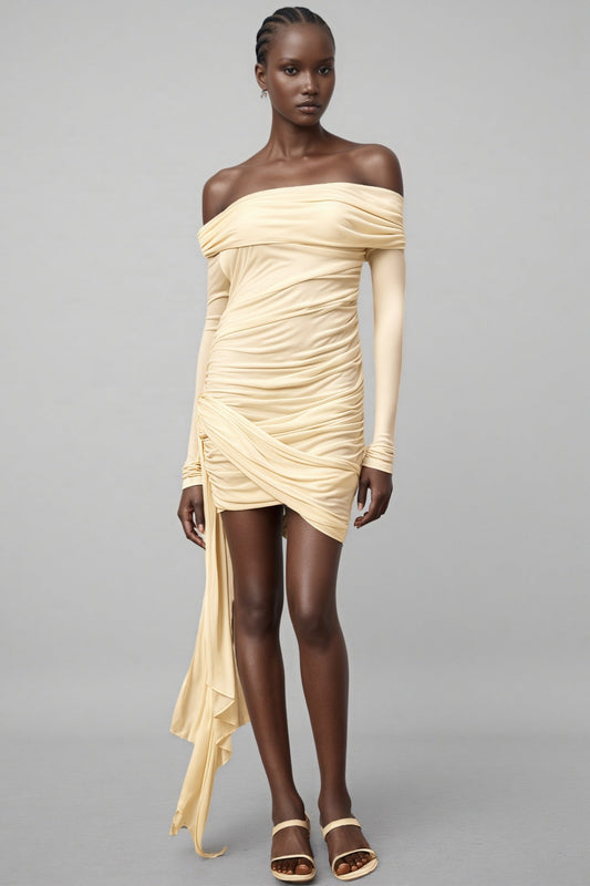 Sarayi White Ribbon Design Ruched Mini Dress