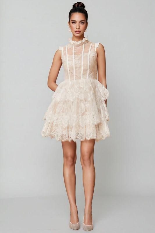 Yamaly White Floral Lace Tiered Mini Dress