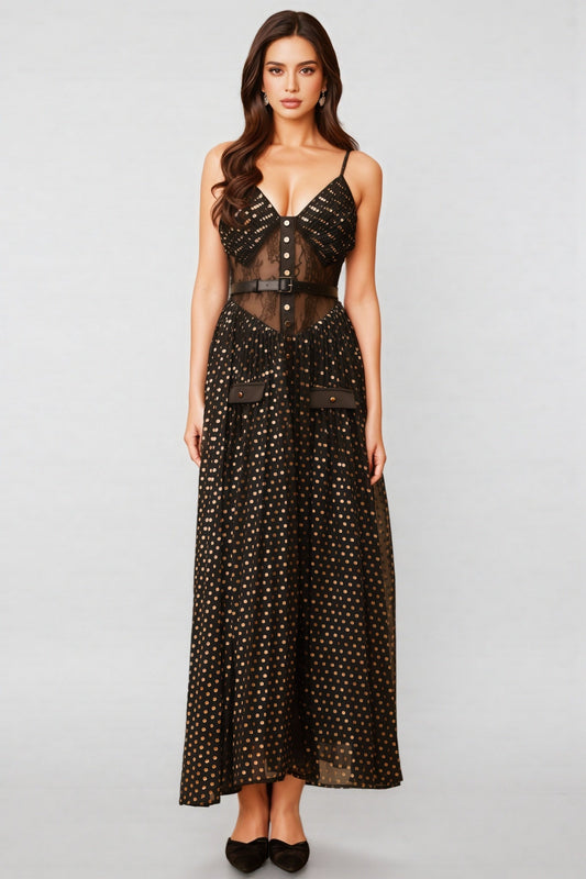 Ierra Black Polka Dot Pleated Midi Dress