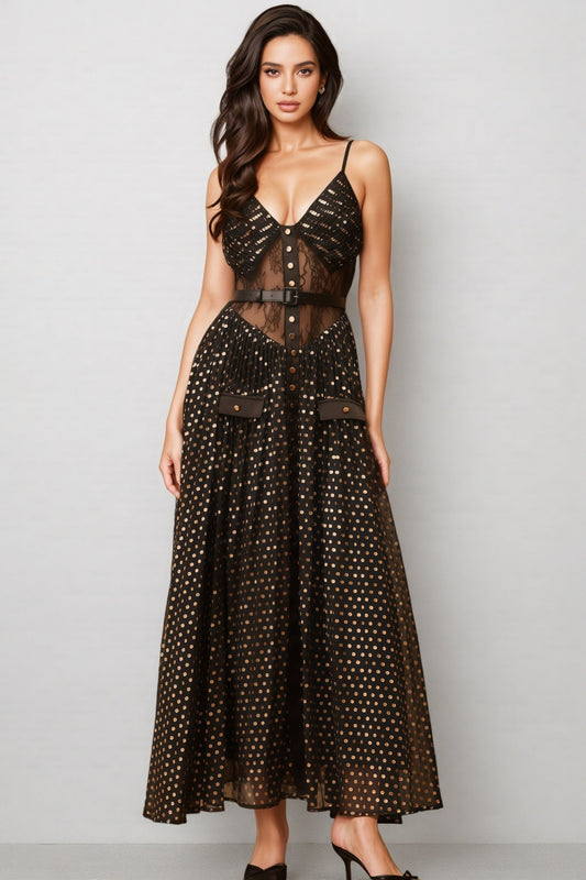 Ierra Black Polka Dot Pleated Midi Dress