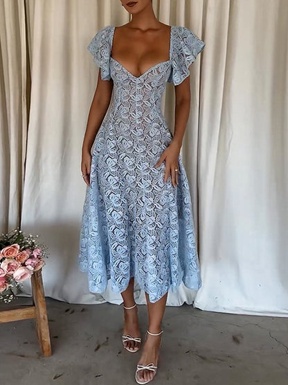Blue Lace Dress Butterfly Sleeve Sweetheart Neckline Birthday Party A-line Sheer Midi Dress For Women 2026