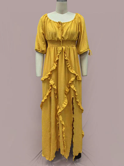 Square Neck Boho Maxi Dress for Women - Three Quarter Sleeve Tiered Ruffle Hem Smocked Flowy Long Dress - Summer Beach 2026