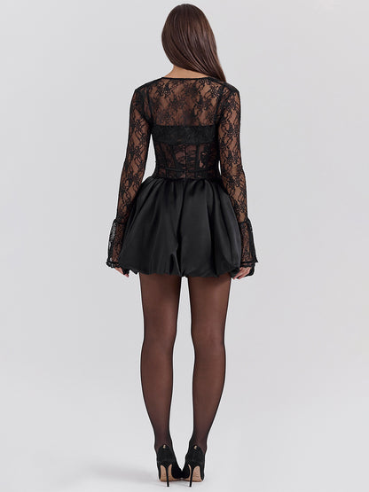 Black Lace Corset Dress With Detachable Bolero Birthday Party Puffball Mini Dress For Women 2026
