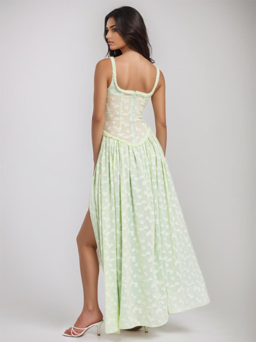 Sheer Corset Maxi Dress for Women - Cottagecore High Slit Sleeveless Flowy Fairy Sundress - Summer Beach Vacation 2026