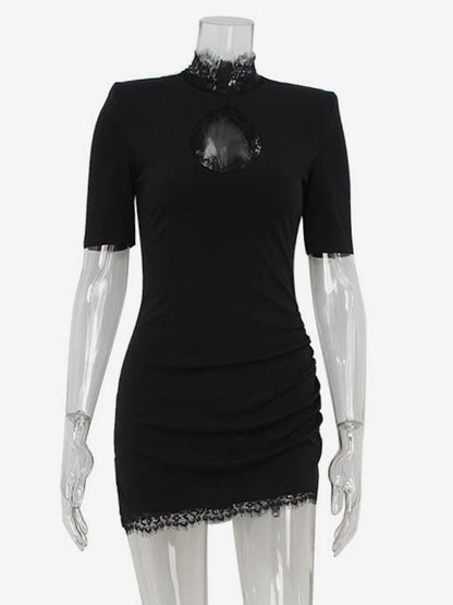 Black Bodycon Mini Dress With Lace Trim High Neck Sexy Club Dress For Women 2026