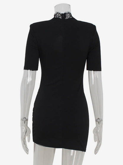 Black Bodycon Mini Dress With Lace Trim High Neck Sexy Club Dress For Women 2026
