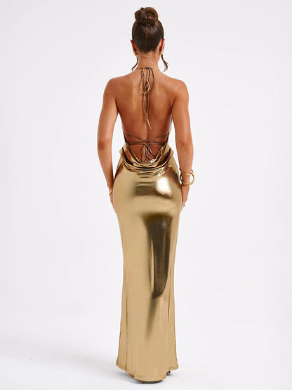 Metallic Gold Maxi Dress With Open Back Party Bodycon Halter Dress Dress For Women 2026